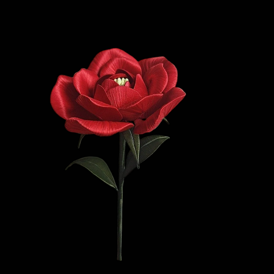 Handcrafted Chanhua handheld rose featuring vibrant red thread-wrapped petals and dark green leaves.