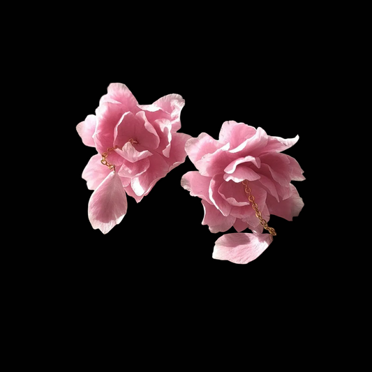 Handcrafted pink cherry blossom Ronghua earrings with soft velvet-textured silk petals and a delicate falling petal tassel.