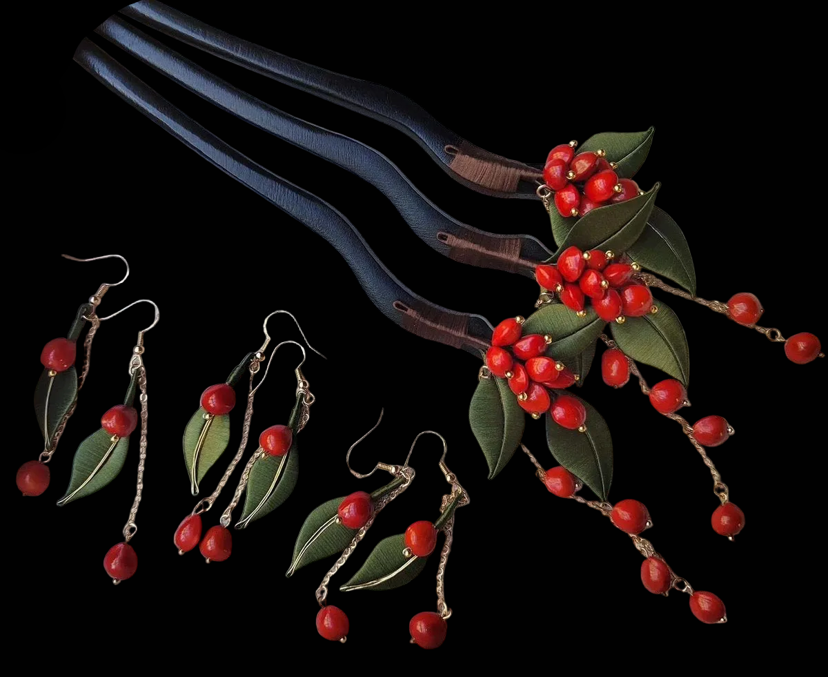 A collection of handmade Chanhua thread-wrapped red bean jewelry, including three pairs of dangle earrings and three matching hairpins with green leaves and red bead tassels.
