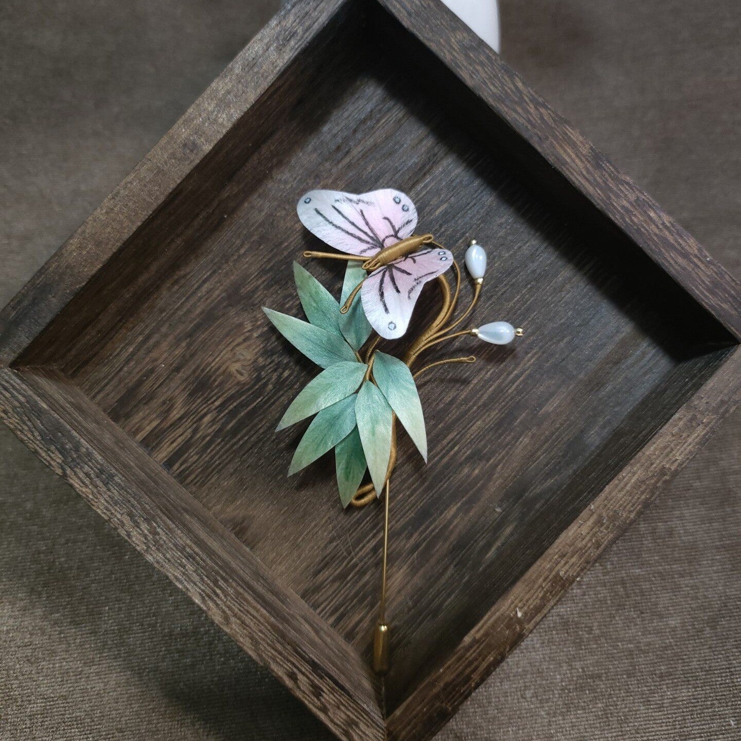 Handmade Ronghua Bamboo & Butterfly Brooch - Pearl Drop - Wedding & Daily