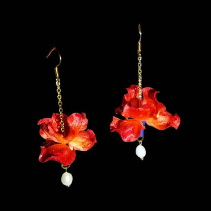 Handcrafted Ronghua Red Iris earrings featuring vibrant red velvet-textured silk petals and delicate pearl drops.