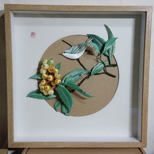 Handmade Chanhua 3D embroidery featuring a bird and yellow loquats in a wooden frame.