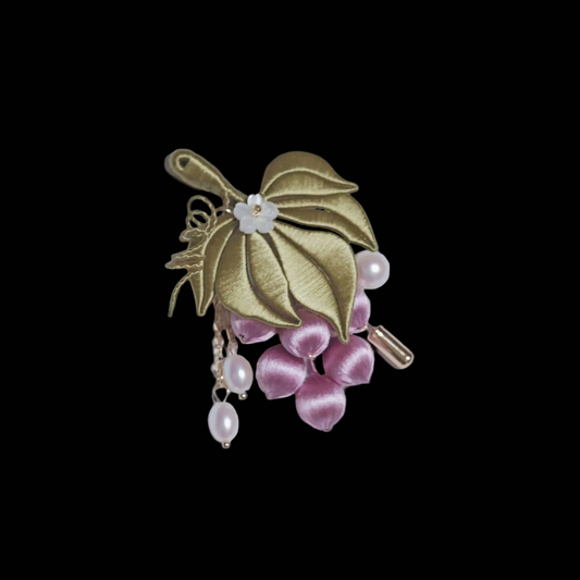 Handmade Chanhua Grape Brooch - Gold Leaf with Pearl Drop