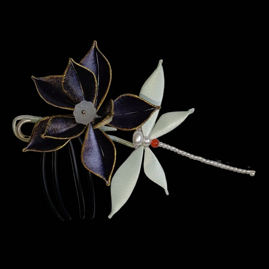Handcrafted dark lotus Chanhua hairpin featuring deep purple thread-wrapped petals with gold edges, a dragonfly motif with pearls, and a black hair comb base.