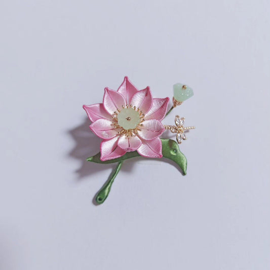 Handmade Chanhua Lotus Brooch - Pink Flower with Jade Bud & Dragonfly