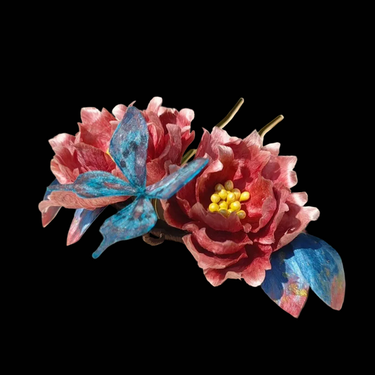Handcrafted double Peony Ronghua hairpin with red silk petals and vibrant blue leaves on a gold-tone U-pin.