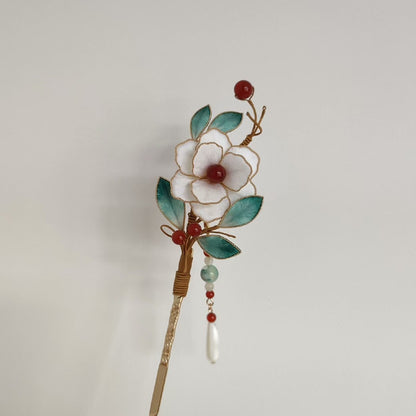 Handmade Ronghua White Camellia Hairpin - Silk Flower Hairpin