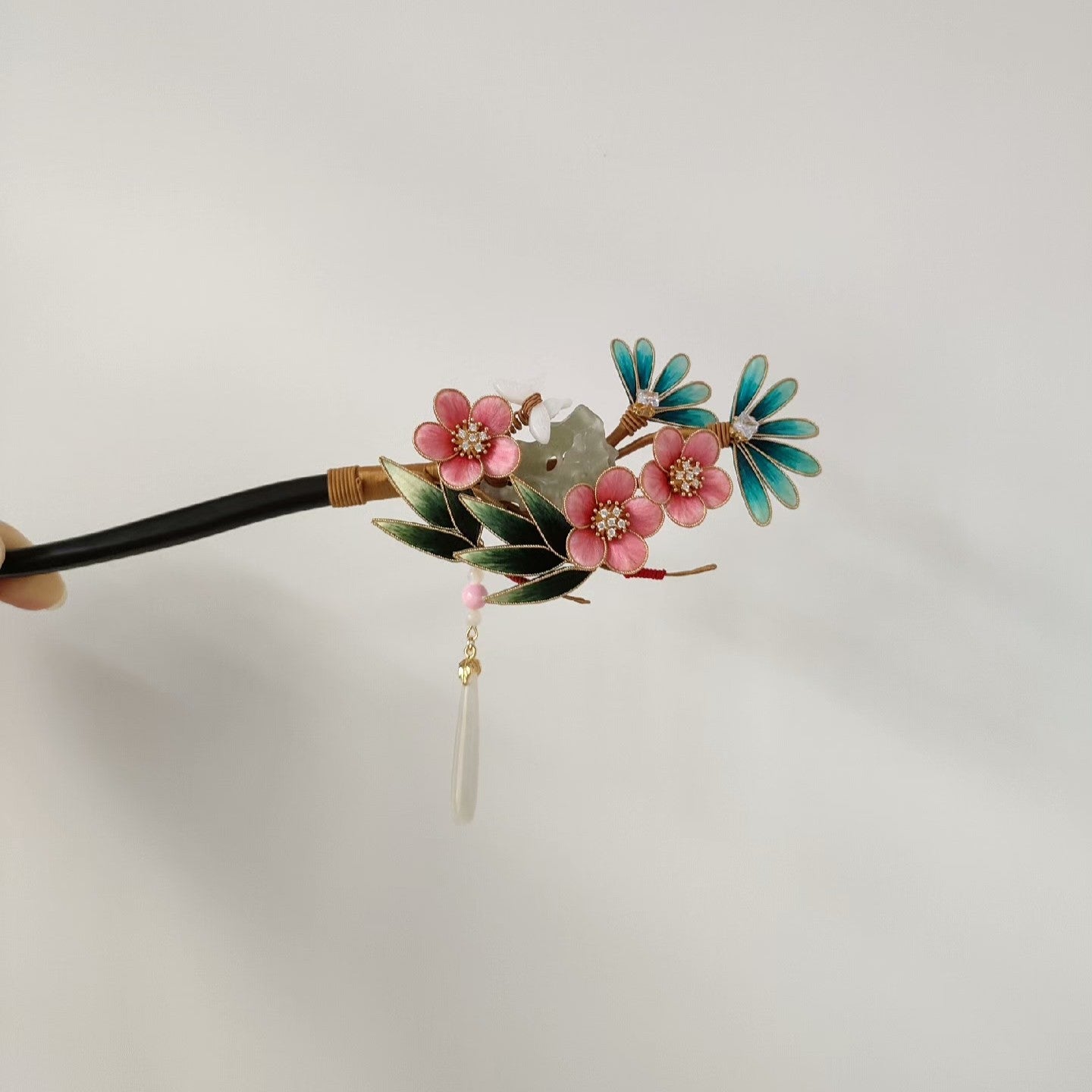 Handmade Ronghua Pine Bamboo Plum Hairpin - Pink & Teal with Jade Drop