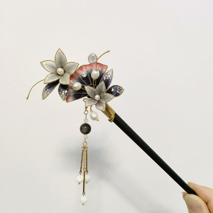 Handmade Ronghua Ink Wash Flower Hairpin - Gold & Grey with Pearl Tassel Drop