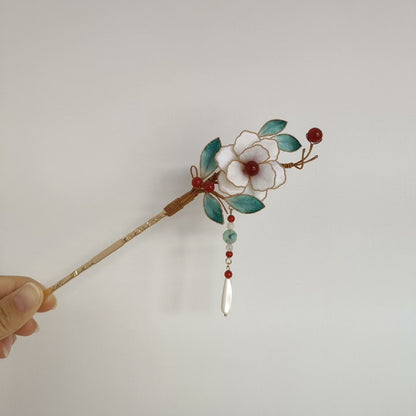 Handmade Ronghua White Camellia Hairpin - Silk Flower Hairpin