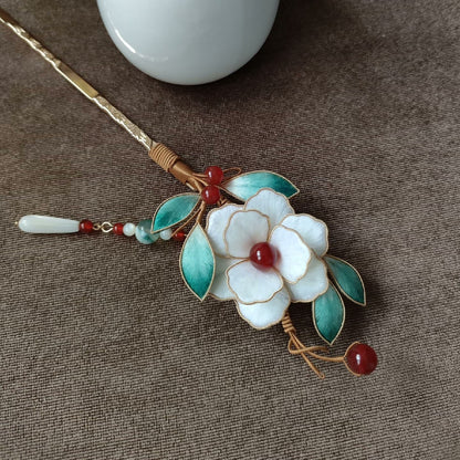 Handmade Ronghua White Camellia Hairpin - Silk Flower Hairpin