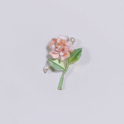 Handmade Chanhua Mini Rose Brooch - Pearl Drop on Stem
