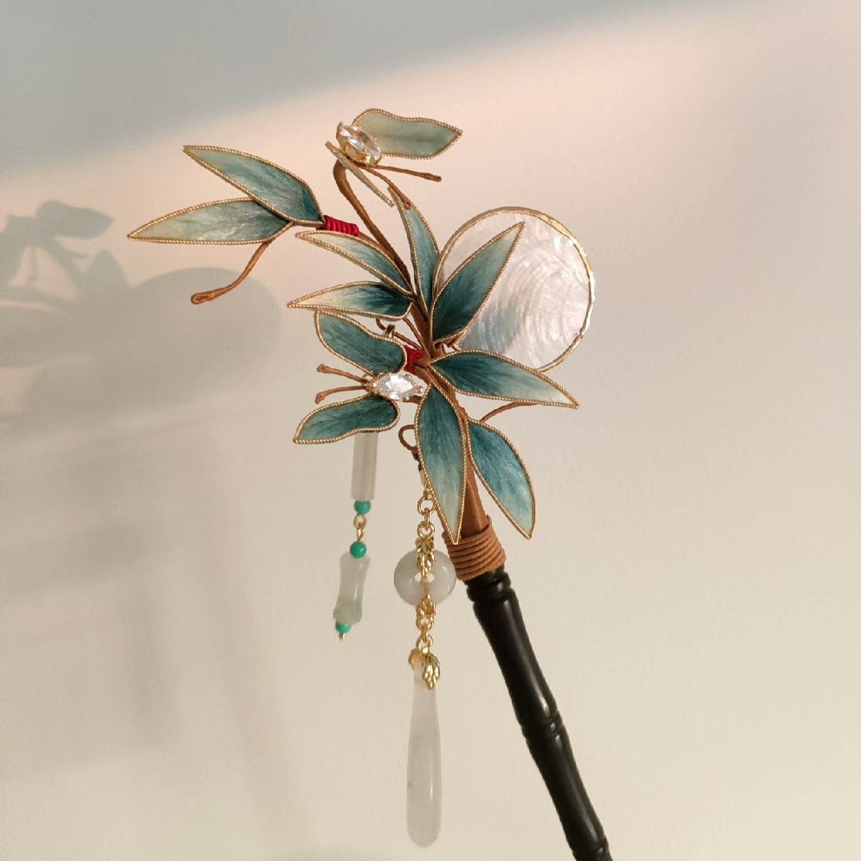 Handmade Ronghua Bamboo & Butterfly Hairpin - Teal with Jade & Crystal