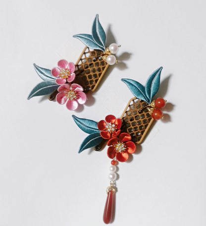 Fanghua Handmade Chanhua Flower Hair Clip - Teal Leaves with Pearl & Stone Drop