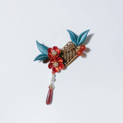 Fanghua Handmade Chanhua Flower Hair Clip - Teal Leaves with Pearl & Stone Drop