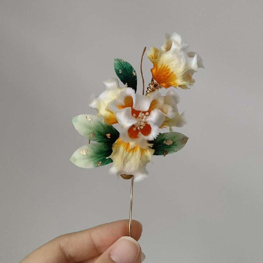 Handmade Ronghua Iris Brooch - Pink & Teal with Gold Detail