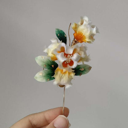 Handmade Ronghua Iris Brooch - Pink & Teal with Gold Detail