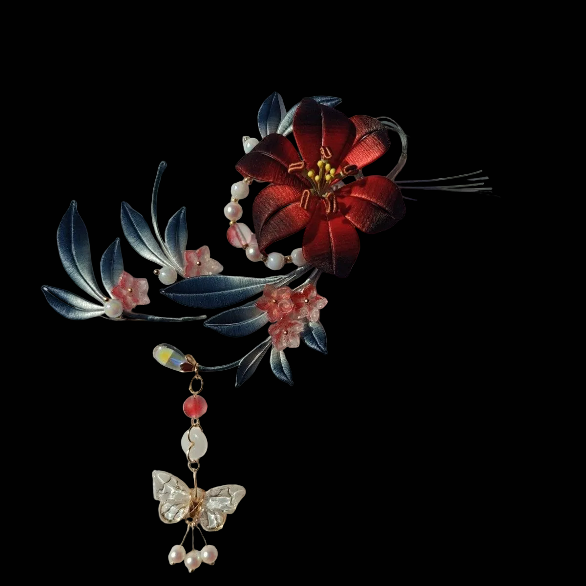 Handcrafted Chanhua hair clip featuring a deep red and black thread-wrapped flower with green leaves and buds.