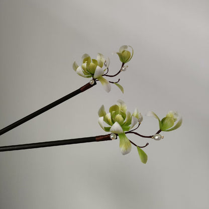 Handmade Ronghua Magnolia Hairpin - White & Green with Pearl - Wedding & Daily