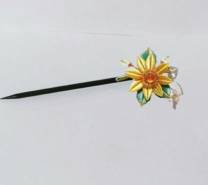 Handmade Chanhua Sunflower Brooch - Crystal & Moonstone Accents