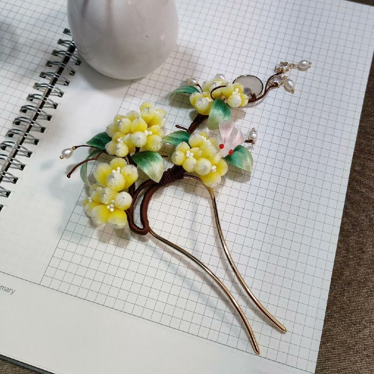 Handmade Ronghua yellow osmanthus flower and moon rabbit velvet hairpin with natural mulberry silk, pearls, and crystals
