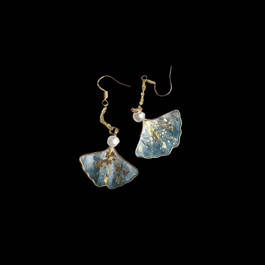 Handcrafted Ronghua Ginkgo leaf earrings featuring velvet-textured silk in blue-green with gold-tone accents and pearls.