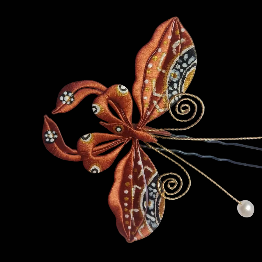 Handcrafted Chanhua hair accessory featuring a thread-wrapped butterfly and flowers in a traditional Forbidden City palace style.