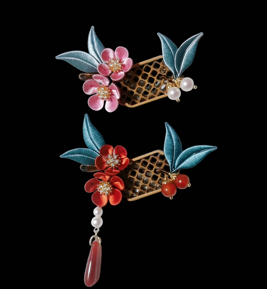 Fanghua Handmade Chanhua Flower Hair Clip - Teal Leaves with Pearl & Stone Drop