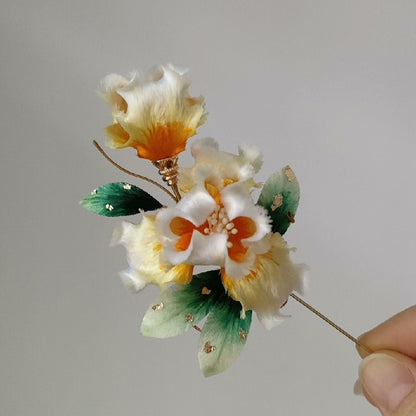 Handmade Ronghua Iris Brooch - Pink & Teal with Gold Detail