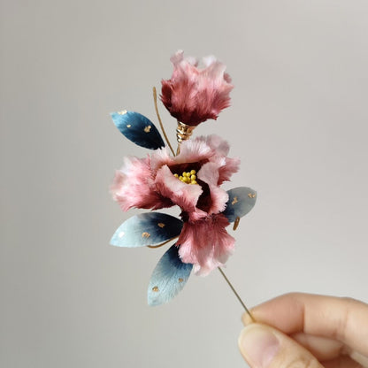 Handmade Ronghua Iris Brooch - Pink & Teal with Gold Detail
