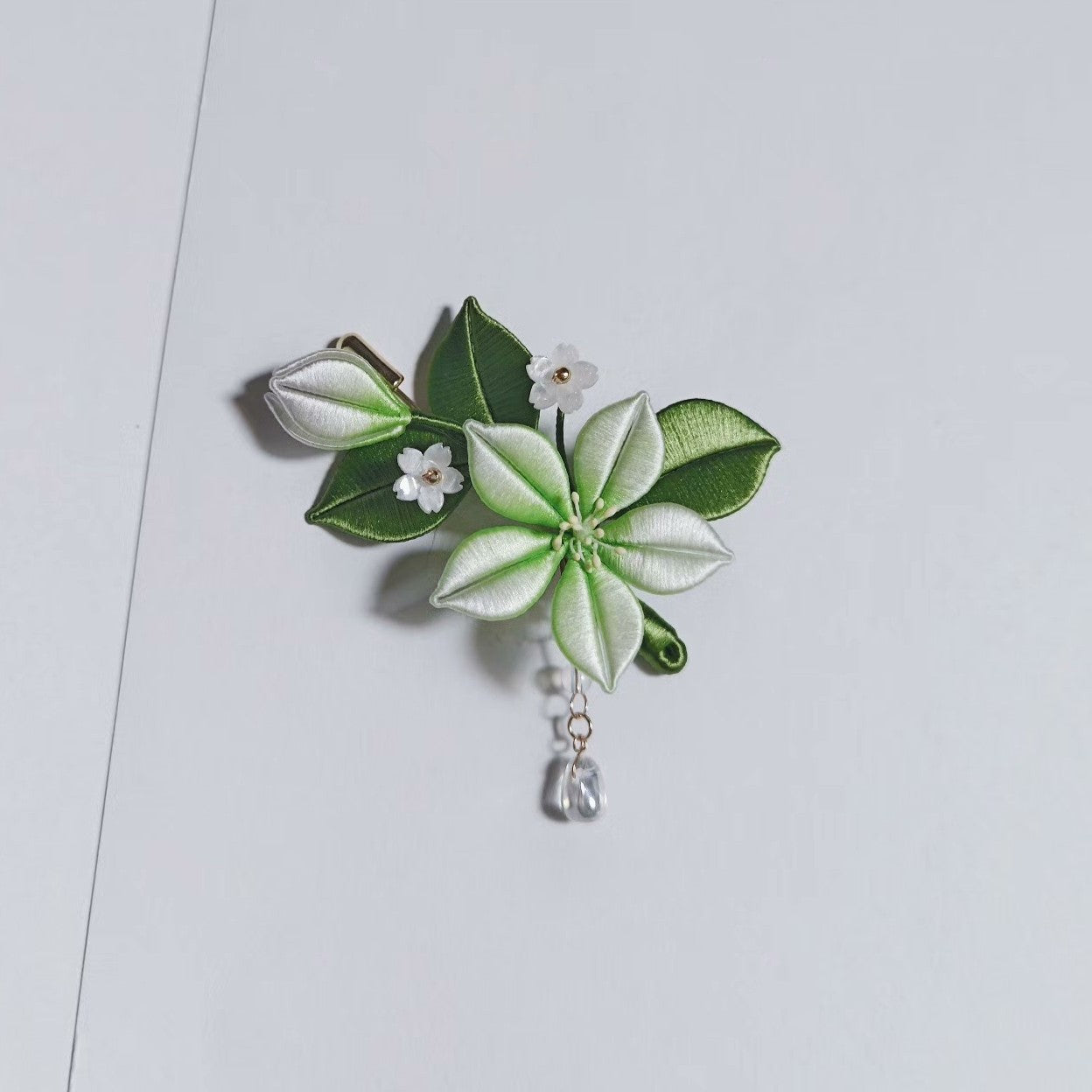 Handmade Chanhua Jasmine Brooch & Hairpin - Green & White with Crystal Drop