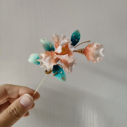 Handmade Ronghua Iris Brooch - Pink & Teal with Gold Detail