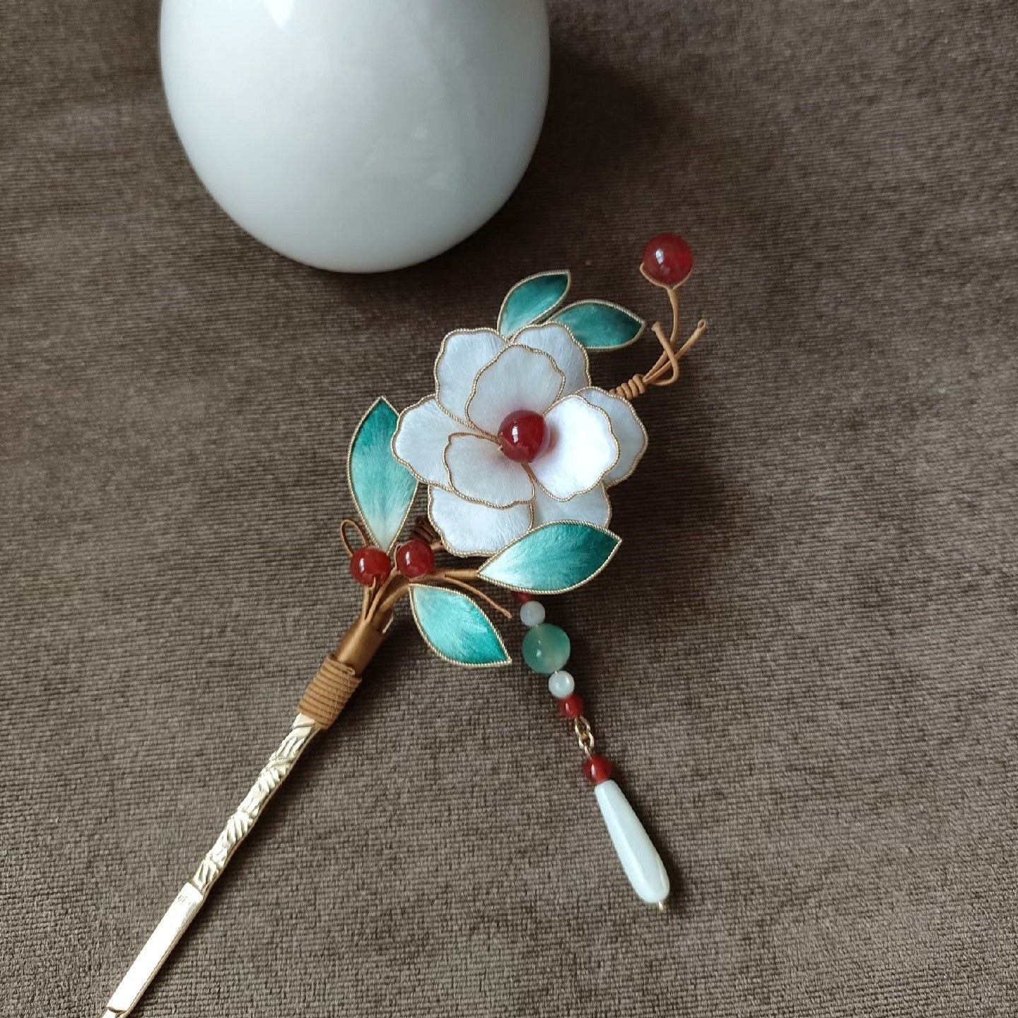 Handmade Ronghua White Camellia Hairpin - Silk Flower Hairpin