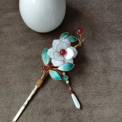 Handmade Ronghua White Camellia Hairpin - Silk Flower Hairpin