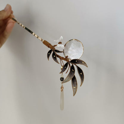Handmade Ronghua Bamboo & Moon Hairpin - Dark Leaves with Jade Drop