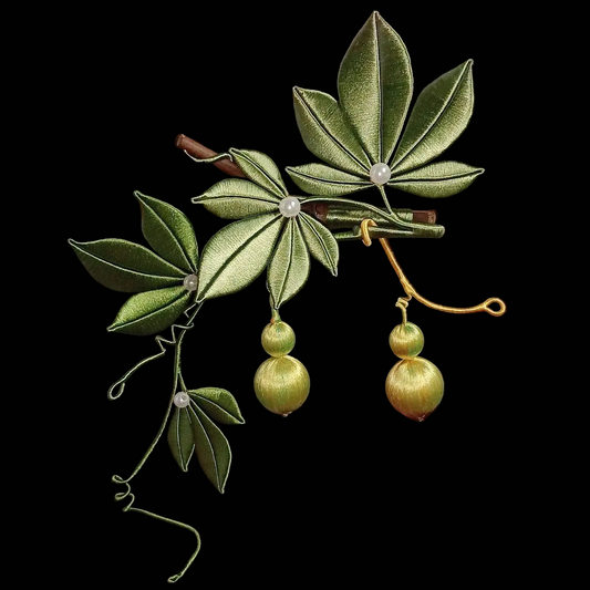 Detailed view of a blue Chanhua thread-wrapped gourd pendant with pearl and red bead accents on a gold-tone hanging chain.