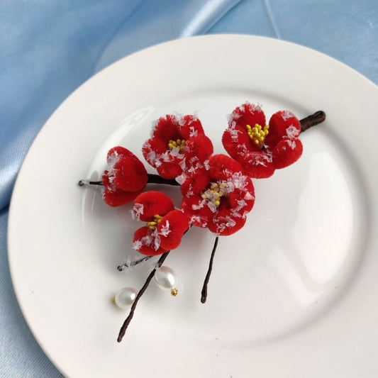 3D silk velvet winter plum blossoms made with traditional artisanal Ronghua techniques, suitable for hair or clothing.
