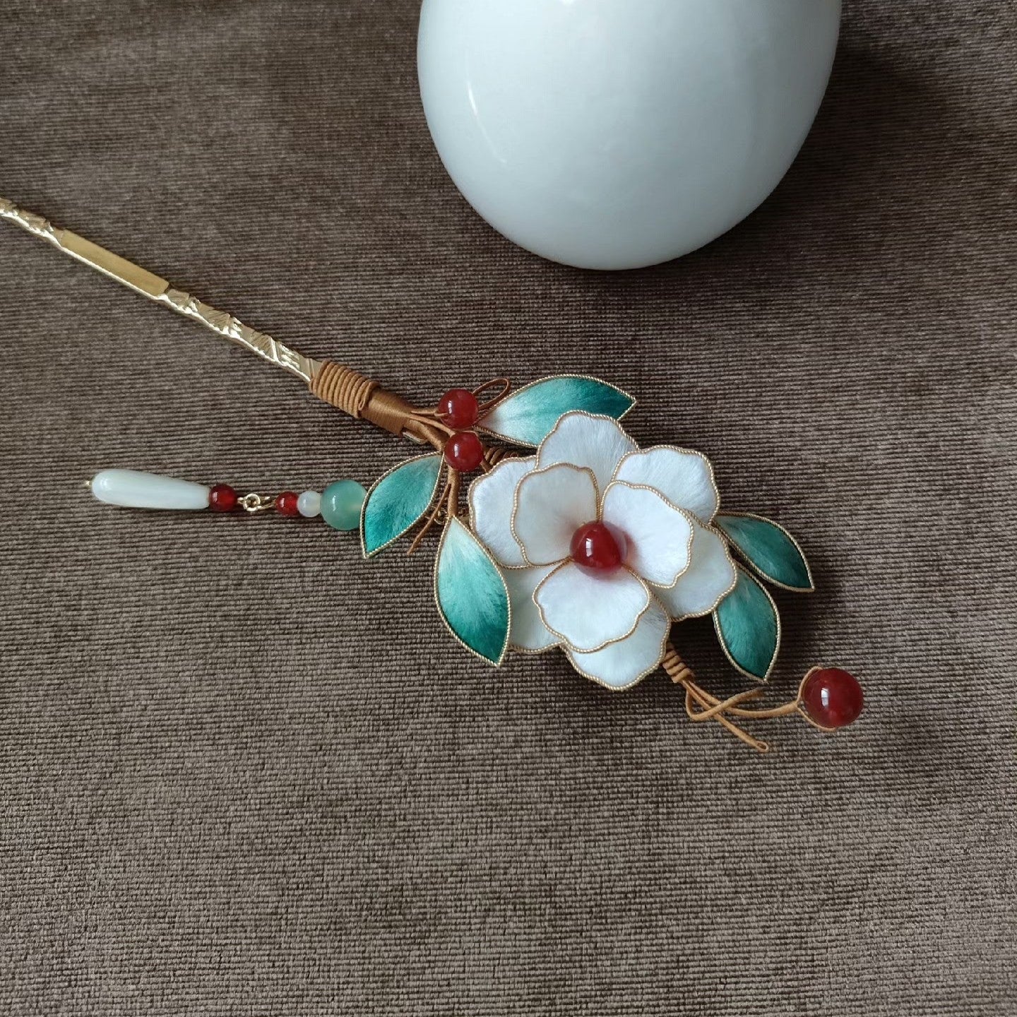 Handmade Ronghua White Camellia Hairpin - Silk Flower Hairpin