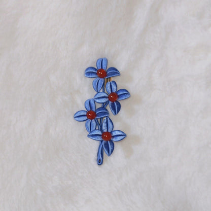 Weiyang Handmade Chanhua Blue Flower Brooch - Red Bead Center