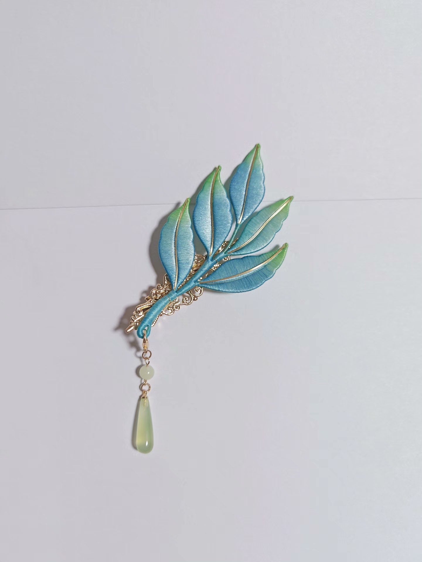 Handmade Chanhua Green Leaf Brooch - Gold Edge with Jade Drop
