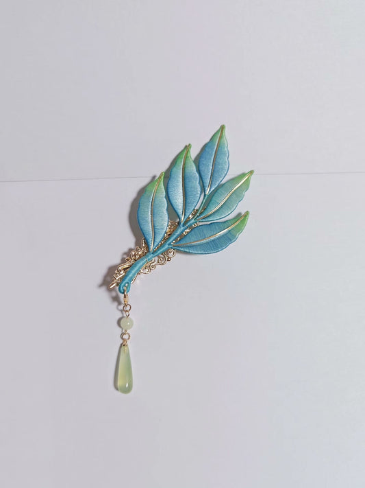 Handmade Chanhua Green Leaf Brooch - Gold Edge with Jade Drop