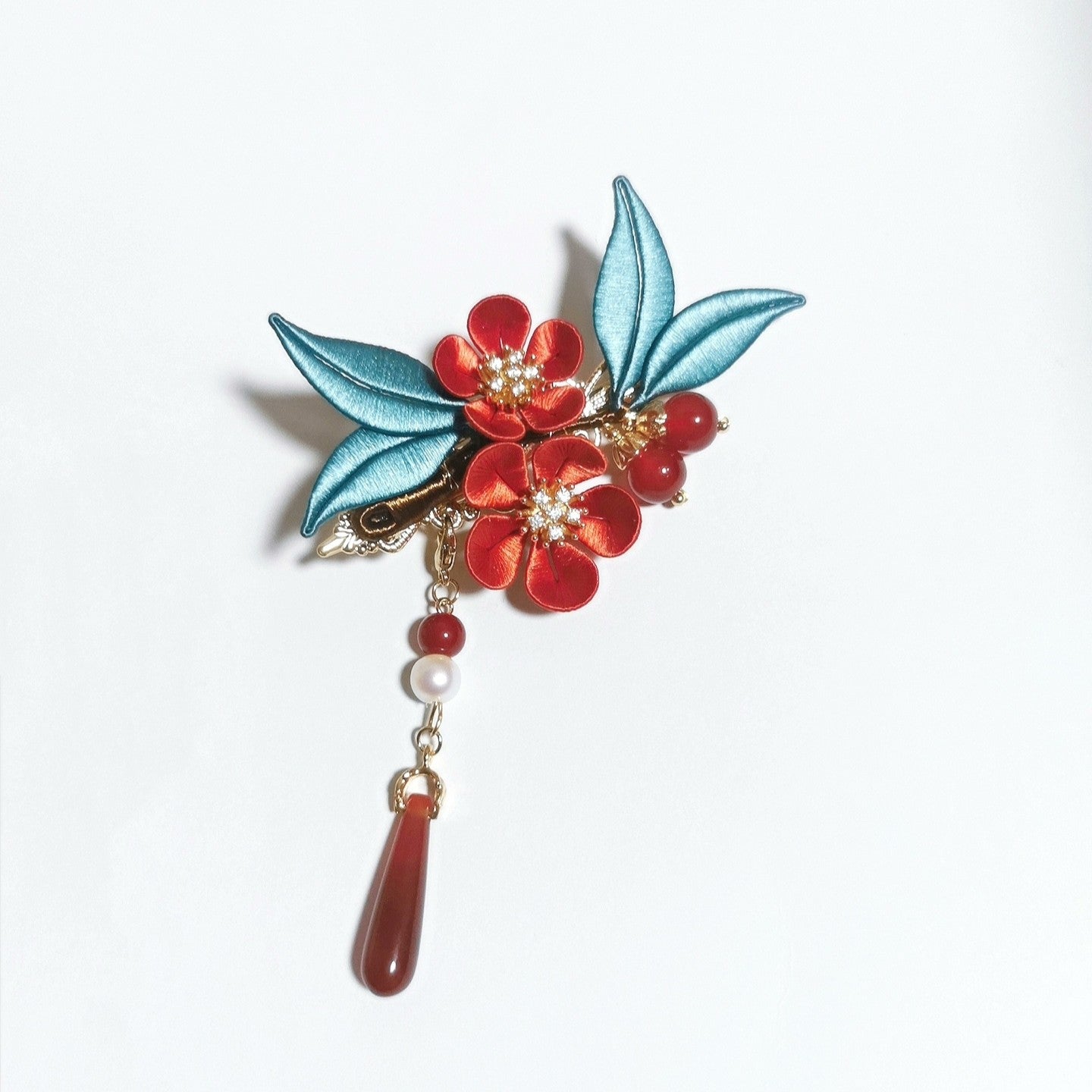Fanghua Handmade Chanhua Flower Hair Clip - Teal Leaves with Pearl & Stone Drop