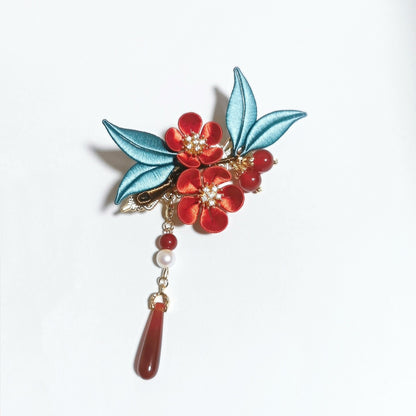 Fanghua Handmade Chanhua Flower Hair Clip - Teal Leaves with Pearl & Stone Drop