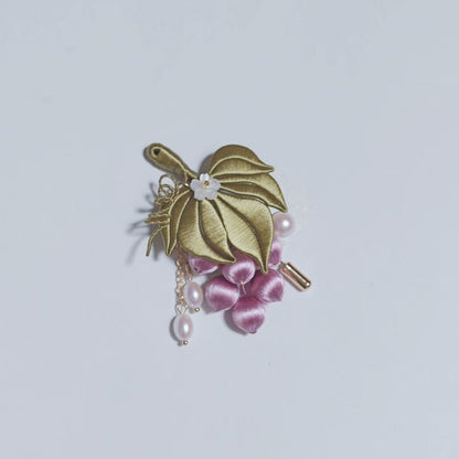 Handmade Chanhua Grape Brooch - Gold Leaf with Pearl Drop