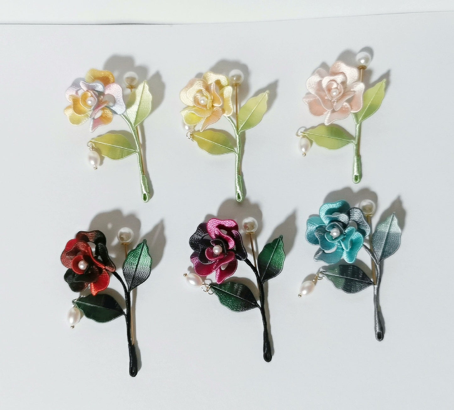 Handmade Chanhua Mini Rose Brooch - Pearl Drop on Stem