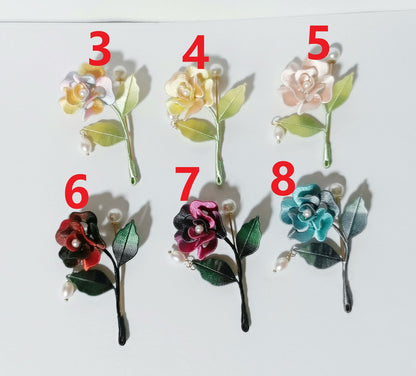 Handmade Chanhua Mini Rose Brooch - Pearl Drop on Stem