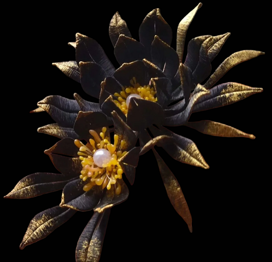 Handcrafted Chanhua Black Epiphyllum hair accessory featuring thread-wrapped black petals with gold-painted tips and a pearl center.