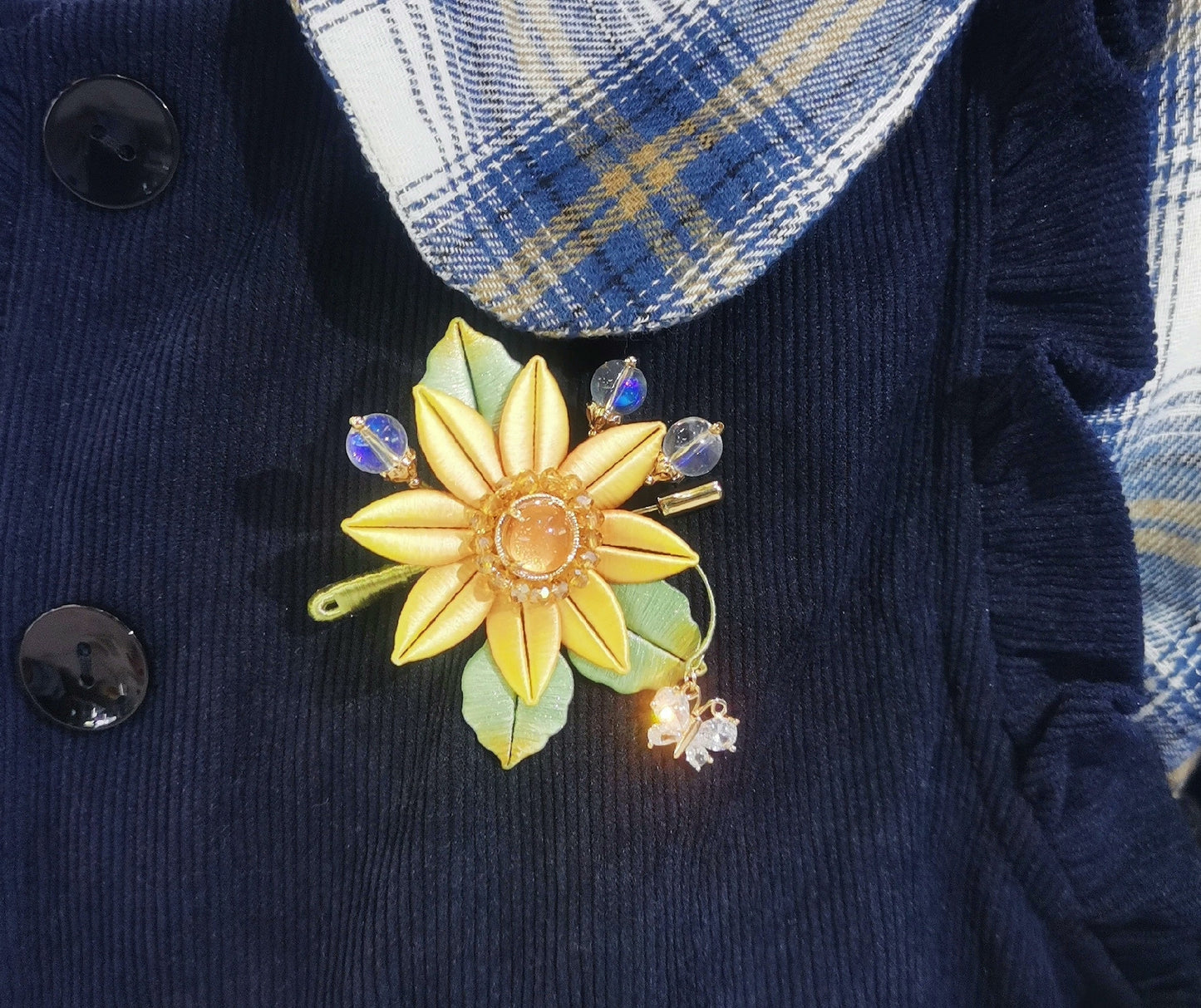 Handmade Chanhua Sunflower Brooch - Crystal & Moonstone Accents