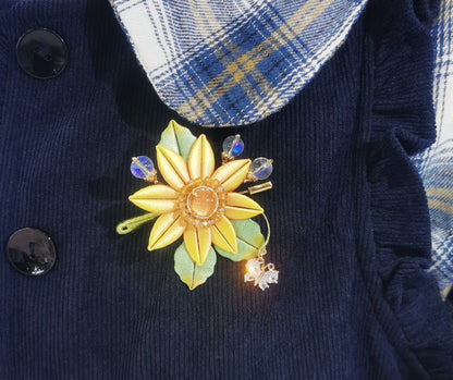Handmade Chanhua Sunflower Brooch - Crystal & Moonstone Accents