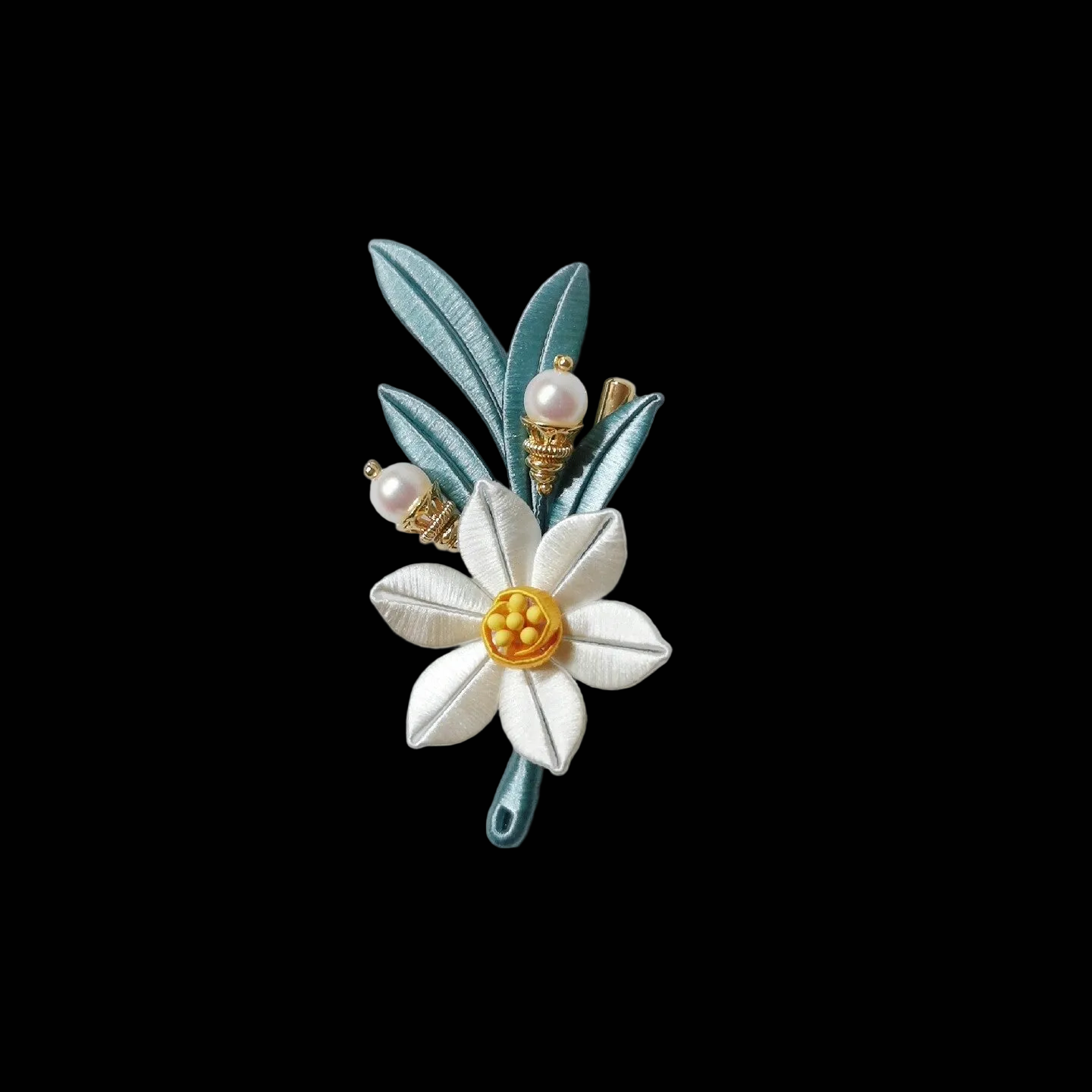 Handmade Chanhua Narcissus Brooch - White Flower with Teal Leaves & Pearl
